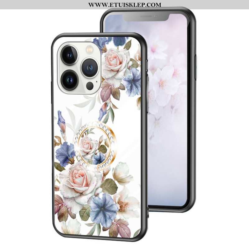 Etui do iPhone 15 Pro Szkło Hartowane W Kwiaty Z Pierścieniem Podtrzymującym